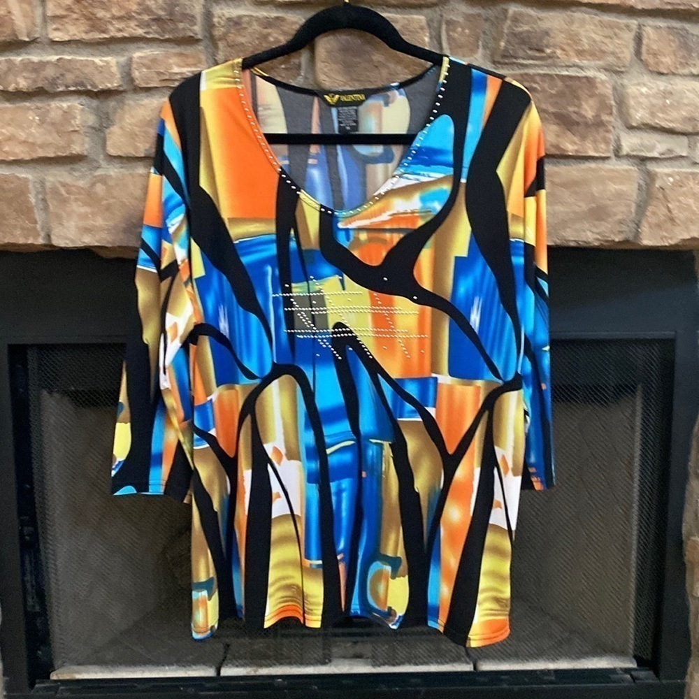 Valentina black, orange, blue blouse with silver embellishments. Size 1X
